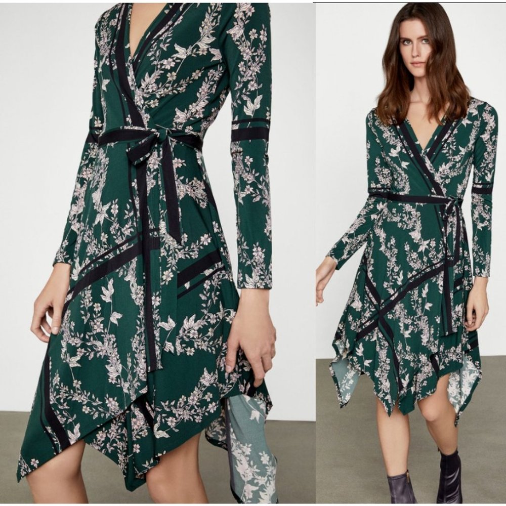 BCBGMaxAzira Wrap Dress Floral Isabella Asymmetrical sz L Green